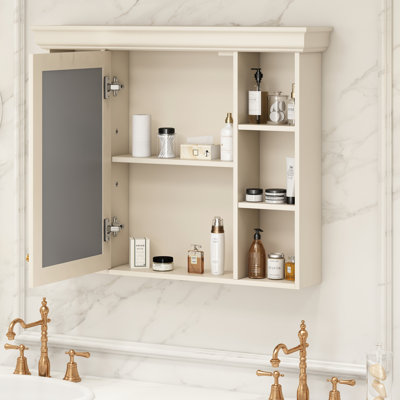 35'' X 28'' Bathroom Mirror - Beige Cream Cabinet Concealed Privacy Storage Modern Wall Ample Door