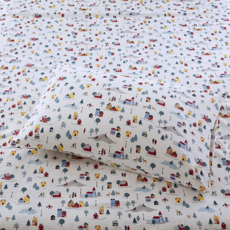 Ensemble de draps à imprimé blanc, Ensemble de draps pour grand lit, Apparence rétro multicolore