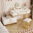 GO Modern Style Vanity Table With Movable Side Cabinet And 4-Drawers, Large Size Dressing Table With Mirror And 3-Colours LED Light, Makeup Table With Stool, White, Golden Legs