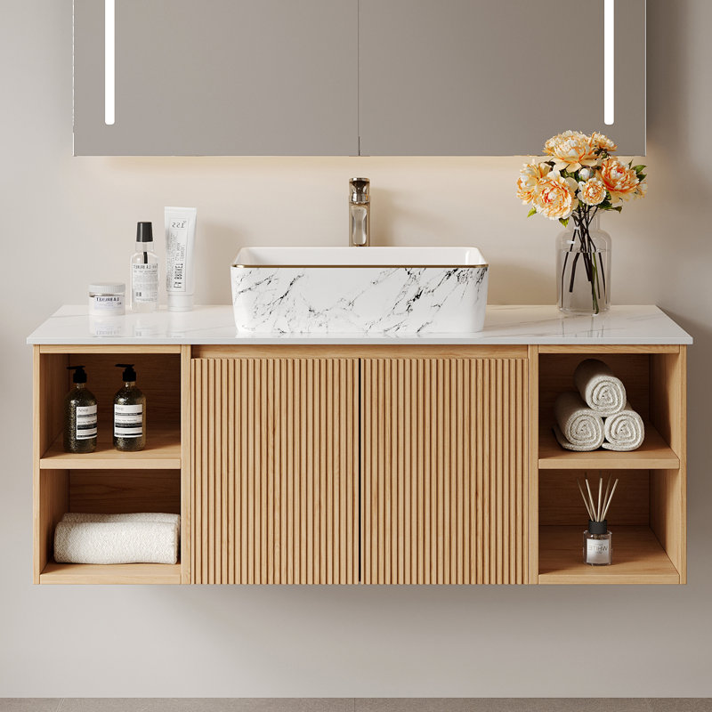 Armoire de salle de bain 48 po en noyer avec comptoir, sans lavabo, Naturel
