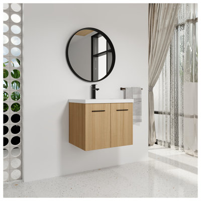 24" Floating Bathroom Vanity Set with Resin Sink Top in Light Oak and Glossy White