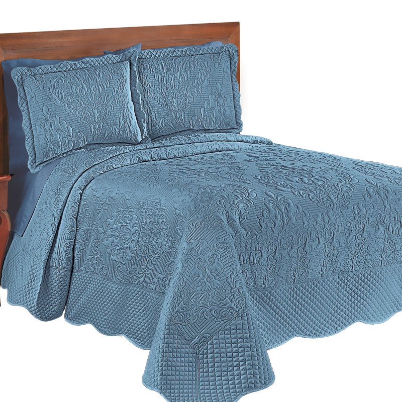 Blue Damask Textured Full Bedspread Set with Scalloped Edges