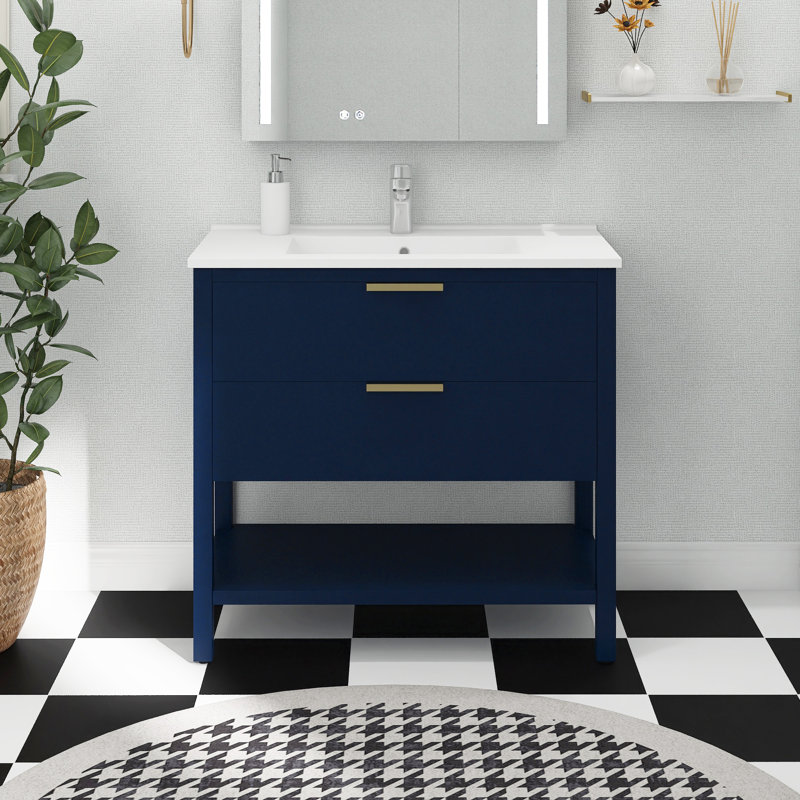 Meuble-lavabo simple 36 po avec plateau Anastajia, Bleu marine