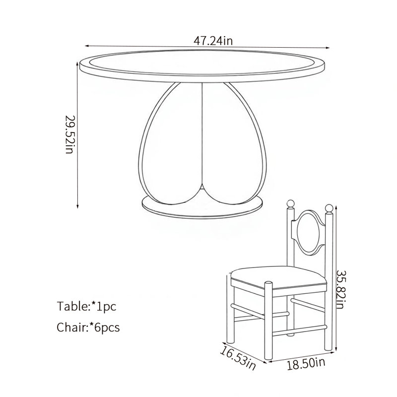 Ensembles de table à manger Fashion Elegant, H 30 po x l 47 po x P 47 po, 7 pièces : table, 6 chaises