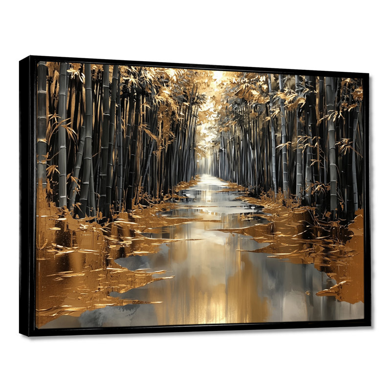 «Golden Arashiyama Bamboo River II», décoration murale en bambou, H 34 po x l 44 po, Impression sur cadre flottant, Noir