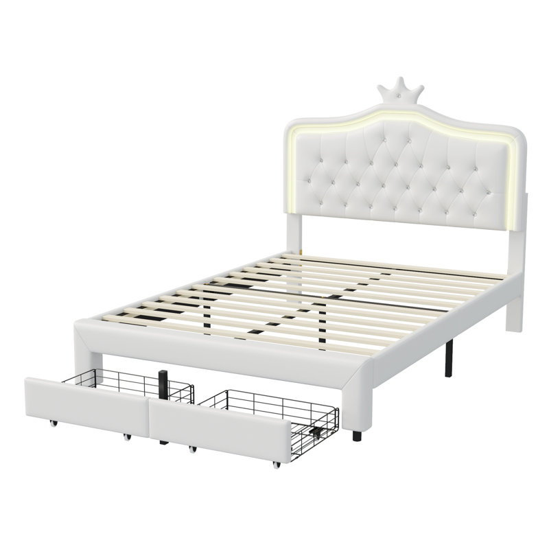 Warmth Single Bed Frame Kids Bed With LED, PU Upholstered Bed With Drawer And Adjustable Height Headboard, Platform Bed Frame With Solid Wood Slats, Easy Assembly