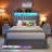 Upholstered Platform Bed with Nailhead Trim, LED Light 2-Tier Shelf Headboard, Charging Station, 2 Under Bed Storage Drawers & 2 Side Pockets, No Box Spring Needed-1619131623-1619131622