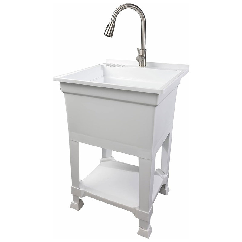 UTILITYSINKS Plastic 24" Compact Workshop Freestanding Laundry Sink with Faucet, White