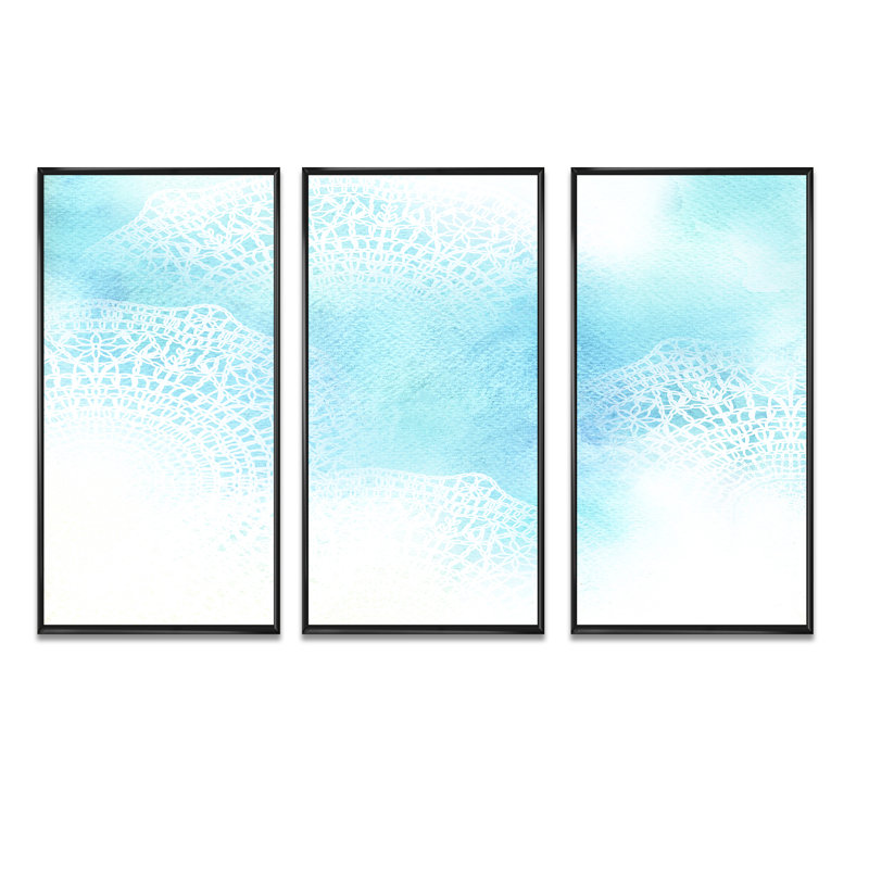 Dentelle blanche sur fond bleu clair - ensemble d'art mural moderne sur toile encadrée 3 pièces, Noir