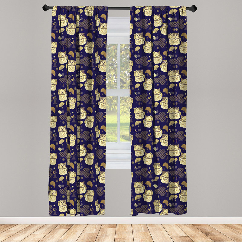 Japanese Cat Semi-Sheer Rod Pocket Curtain Panels, 28" x 84"