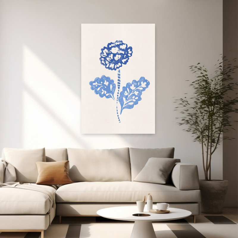 Indigo Botanical Bloom Abstract Contemporary Minimalist Flower Nature Wall Art Print 1 Piece Wrapped Canvas Wall Art