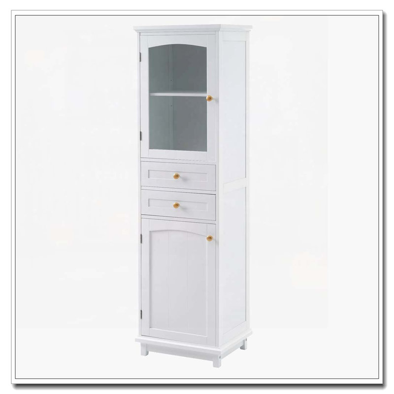 Bathroom Storage Cabinet with Glass Doors,2 Drawers, and Adjustable Shelves, White