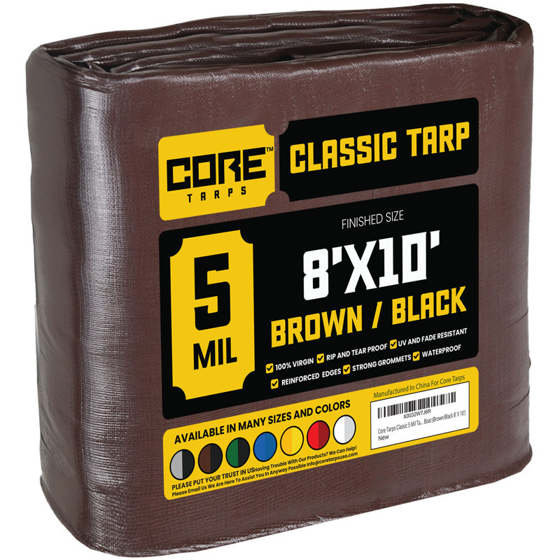 Housse de bâche Classic 5 mil 8 pi x 10 pi, brun / noir, imperméable, résistante aux rayons UV, à l'épreuve des déchirures et des déchirures, bâche en poly avec bords renforcés pour toit, patio, couverture de piscine, bateau