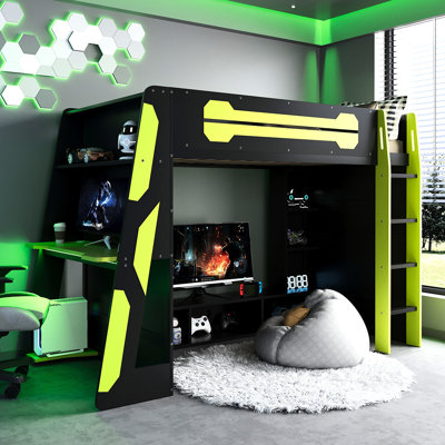 Twin Size Loft Bed With Integrated , Desk And Multi - Storage Shelves, Themed For Work Gaming, Under Console Tv Storage Area Style Gaming Console, Smooth Shift Between