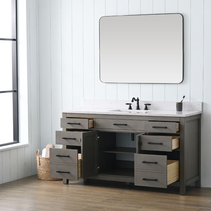 Meuble-lavabo simple 60 po Ajiya, Gris texturé, Blanc de Carrare