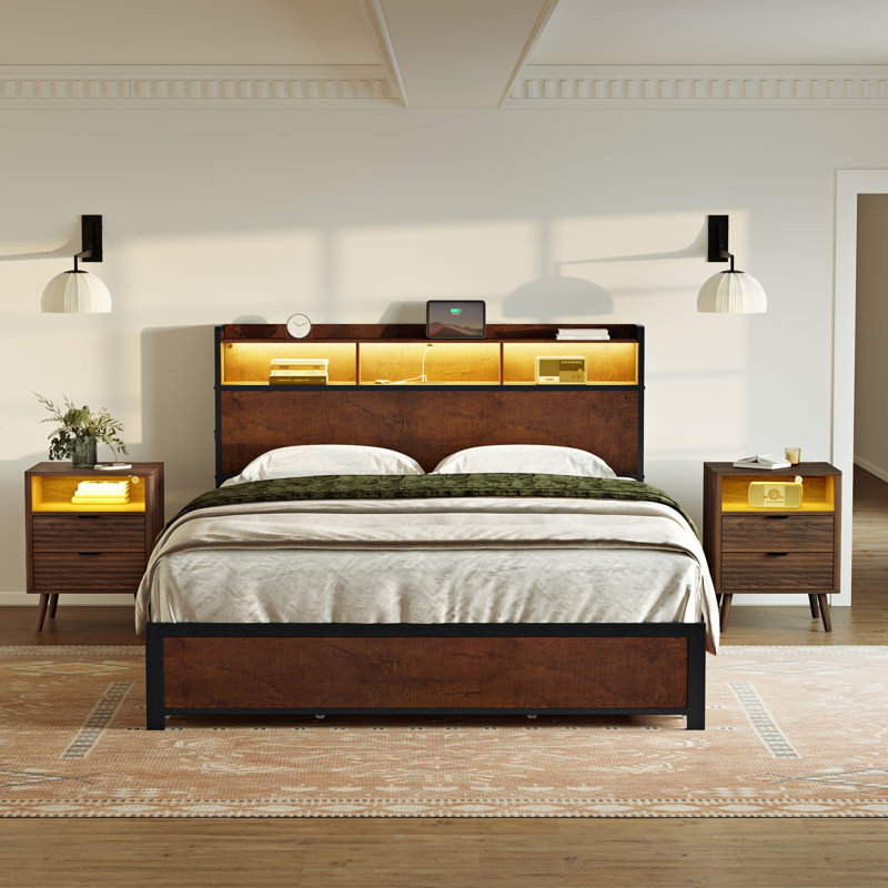 Ensemble de chambre à coucher 3 pièces, lit moderne avec 2 tiroirs et table de chevet 2 vagues, Noyer brun / noyer