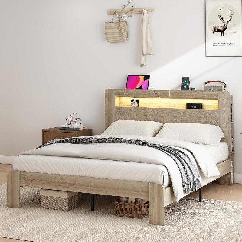Queen Size Wood Platform Bed Frame, Antique Dark Gray, Queen