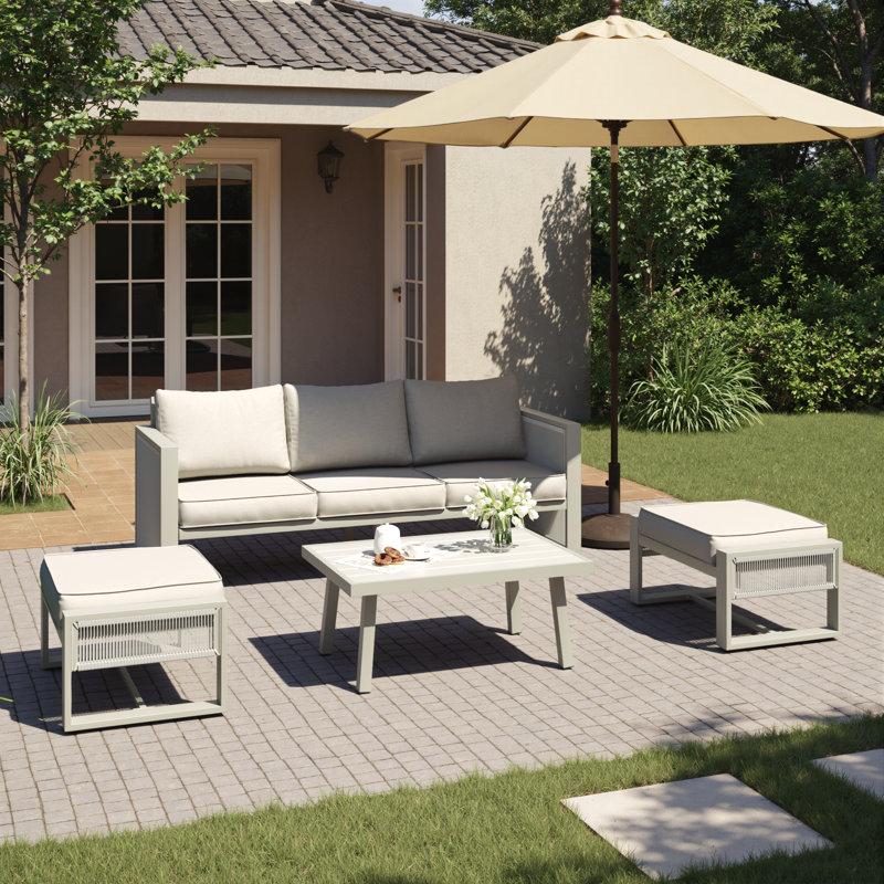  Ensemble de conversation pour patio 5 personnes avec coussins, avec cordon décoratif, Coussin beige / structure grise