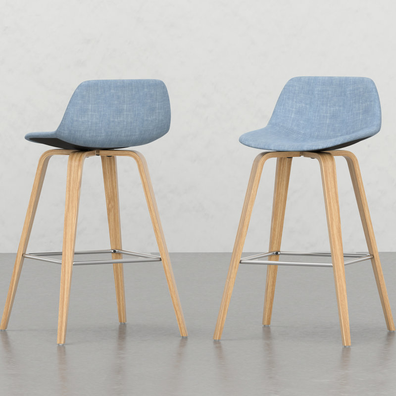 2 tabourets - style moderne Mid-Century, revêtement en lin bleu, pieds, tabouret de bar de 2 esthétiques contemporaines, matériau de placage semblable au lin