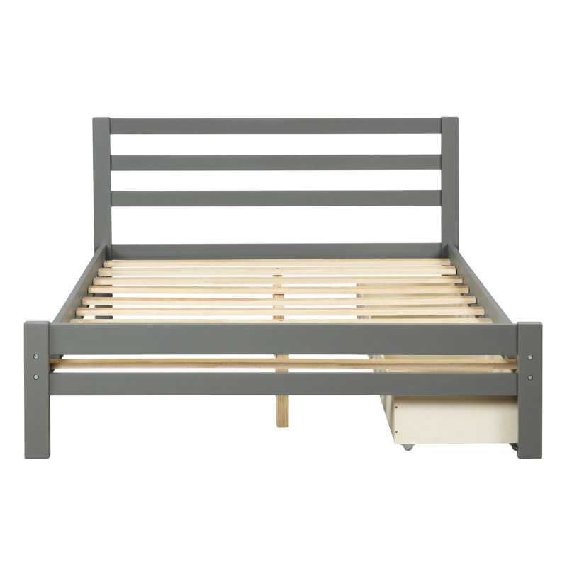 Lit plateforme avec rangement à profil bas Aniko avec 2 tiroirs et tête de lit, Plein, Gris