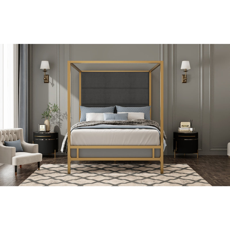 Lit à baldaquin moderne avec tête de lit tapissier en tissu de lin haut de 76,5 po, Grand lit, Gris foncé, or