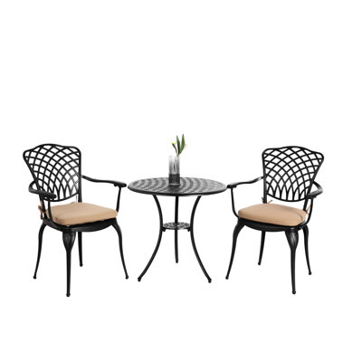 Ensemble bistro 3 pièces pour patio, table et chaises en fonte d'aluminium, résistant à la rouille, résistant aux intempéries, noir avec coussin pour terrasse de balcon, fabrication,
