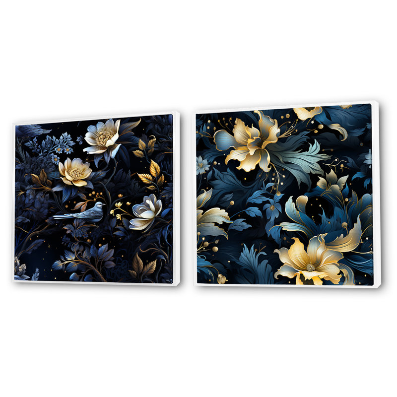 Bron - ensemble de 2 collages floraux carrés, Cadre flottant blanc, H 36 po x l 73 po