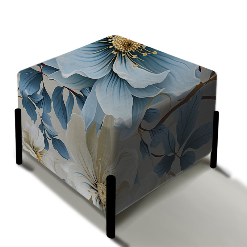 White And Blue Blossoms Floral Pattern I - Floral Square Ottoman