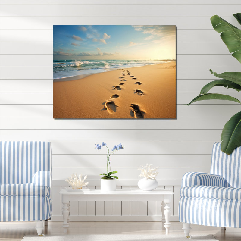 Photo de plage empreintes de pas en V - Art mural nautique et plage, salon, H 16 po x l 32 po x P 1 po, Toile tendue