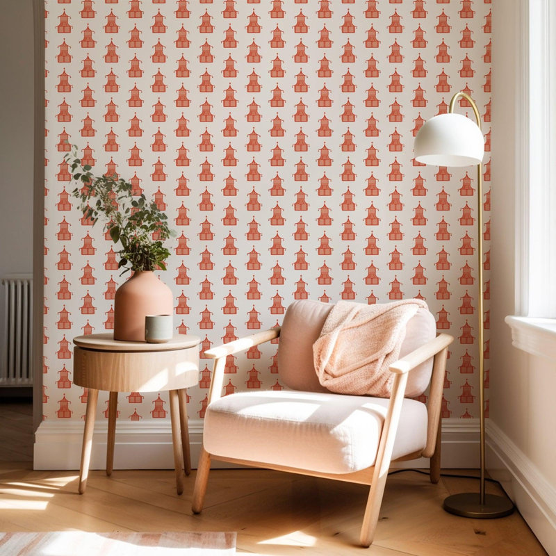 Pagoda 10' L x 24" W Peel and Stick Wallpaper Roll, Coral, Faux Grasscloth, Non-pasted