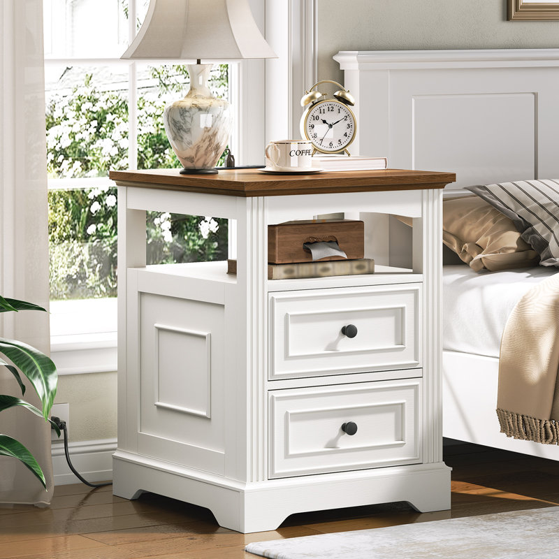 Ensemble de 2 tables de bout l 17,7 po avec station de charge et 2 tiroirs, table d'appoint de salon avec rangement, table de chevet en bois pour la chambre à coucher 