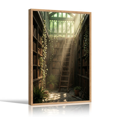 Library Bookshelves and Rolling Ladder with Greenhouse Windows Canvas Wall Art