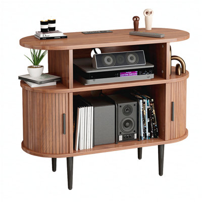 Grand support de tourne-disque rond avec station de charge et ports USB, armoire de rangement de disques, support de table tournante moderne Mid-Century pour le salon de la chambre à coucher (Noyer)