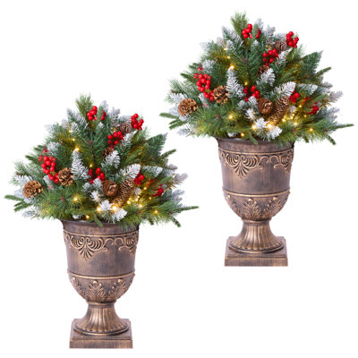 Set of 2 28" Pre-Lit Christmas Tree with Gold Urn Base, Artificial Mini Christmas Tree with 80 LED Lights, Pinecones and Red Berries for Front Porch Entryway Holiday Decor