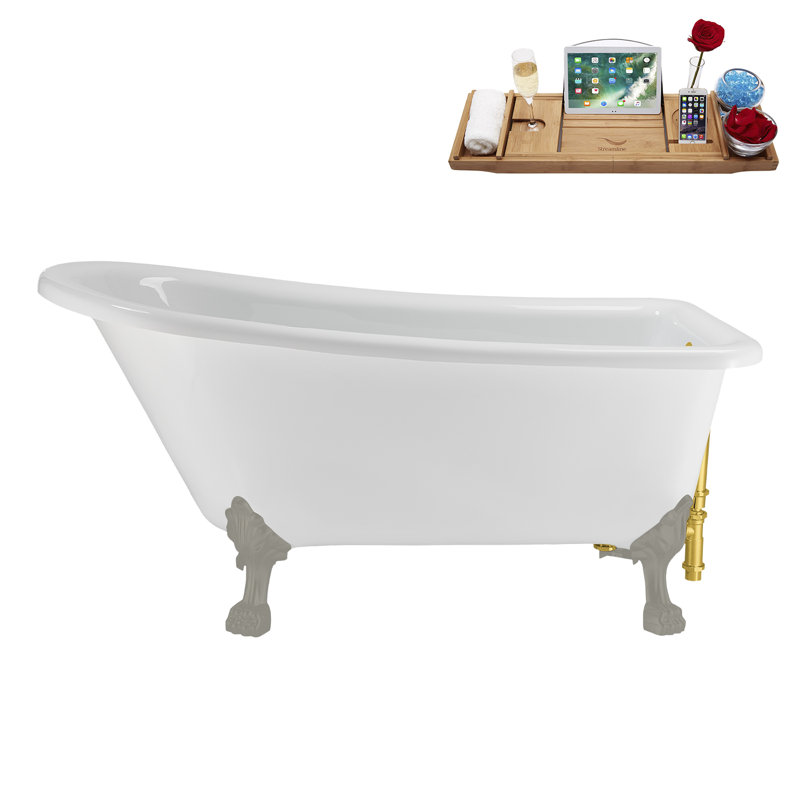 58" Streamlin Clawfoot Tub,Tray,Drain, Clawfeet, Brushed Gun Metal, Polished Gold