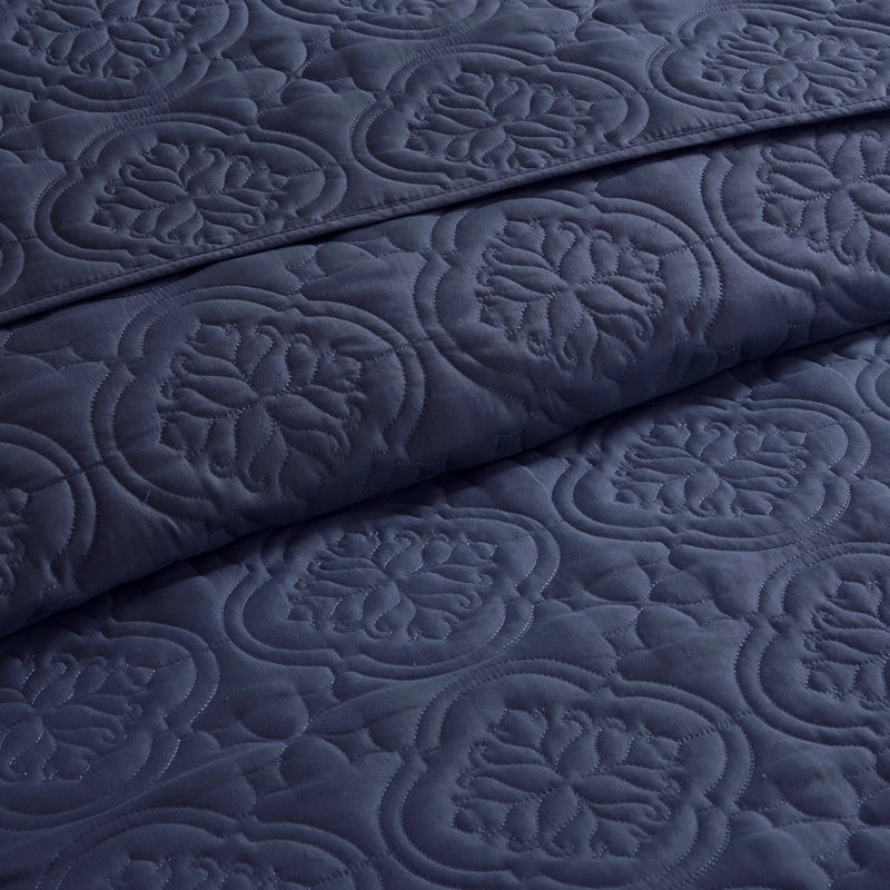 Ensemble de couvre-lit 3 pièces double / grand bleu marine - Microfibre et rembourrage, motif médaillon, lavable à la machine, style hongrois