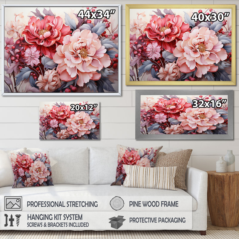 " Pink Red Line Art Floral Patterns II ", Cadre simple noir, H 12 po x l 20 po x P 1 po