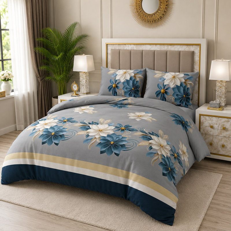 Microfiber Floral Duvet Cover Set, Double Duvet Cover + 3 Additional Pieces