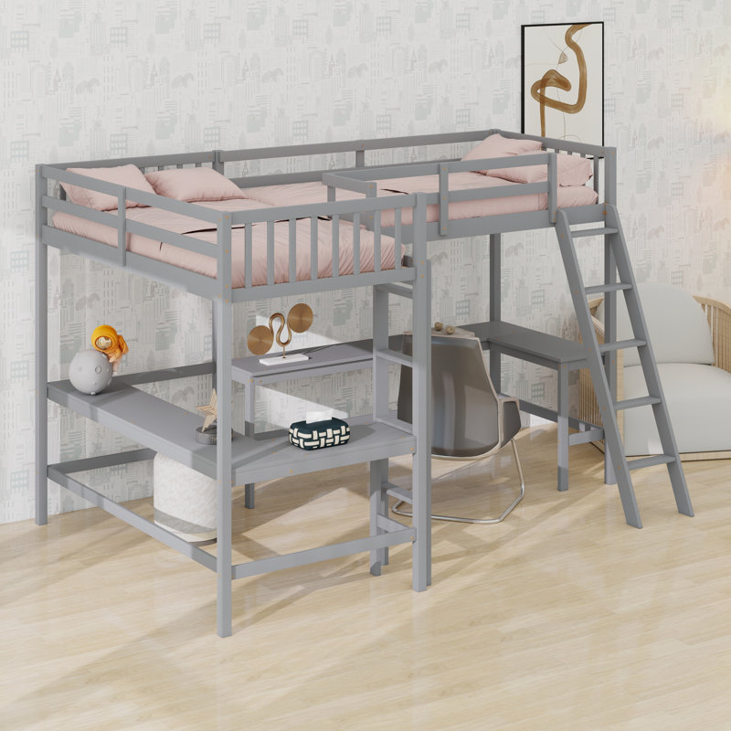Wooden High Loftbed With Ladder，Safety Guardrail And 2 Built-In L-Shaped Desks, Gray
