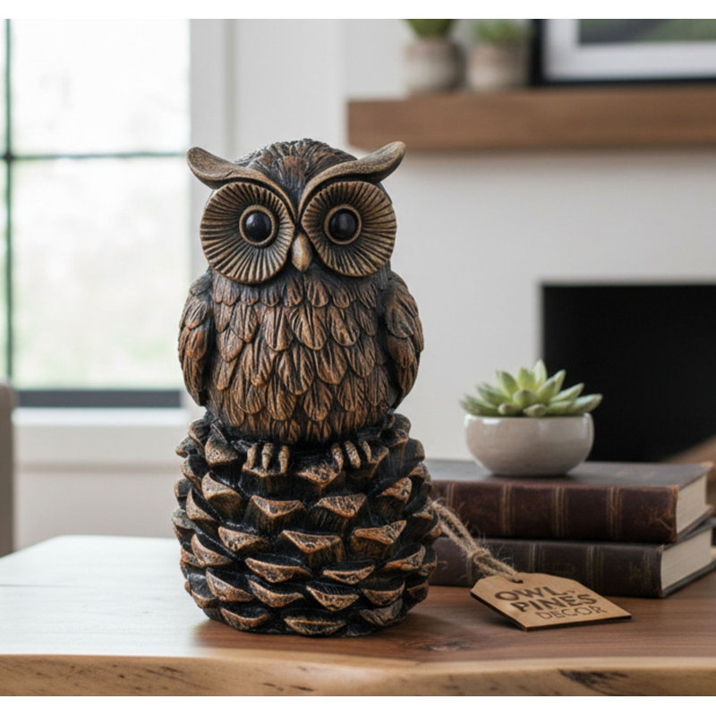 Figurine rustique hibou sur pomme de pin - décor de chalet en bois