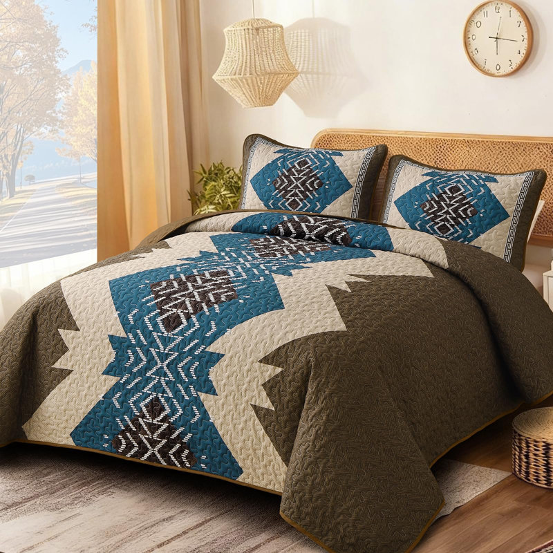 Ensemble de couvre-lit 3 pièces Boho Aztec Western, Courtepointe de grande taille et 1 taie d'oreiller, Brun/bleu