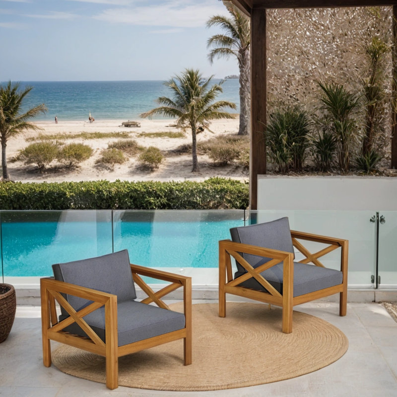 Ensemble de conversation pour l'extérieur - 2 fauteuils en bois d'acacia avec coussins intégrés - Design résistant aux intempéries