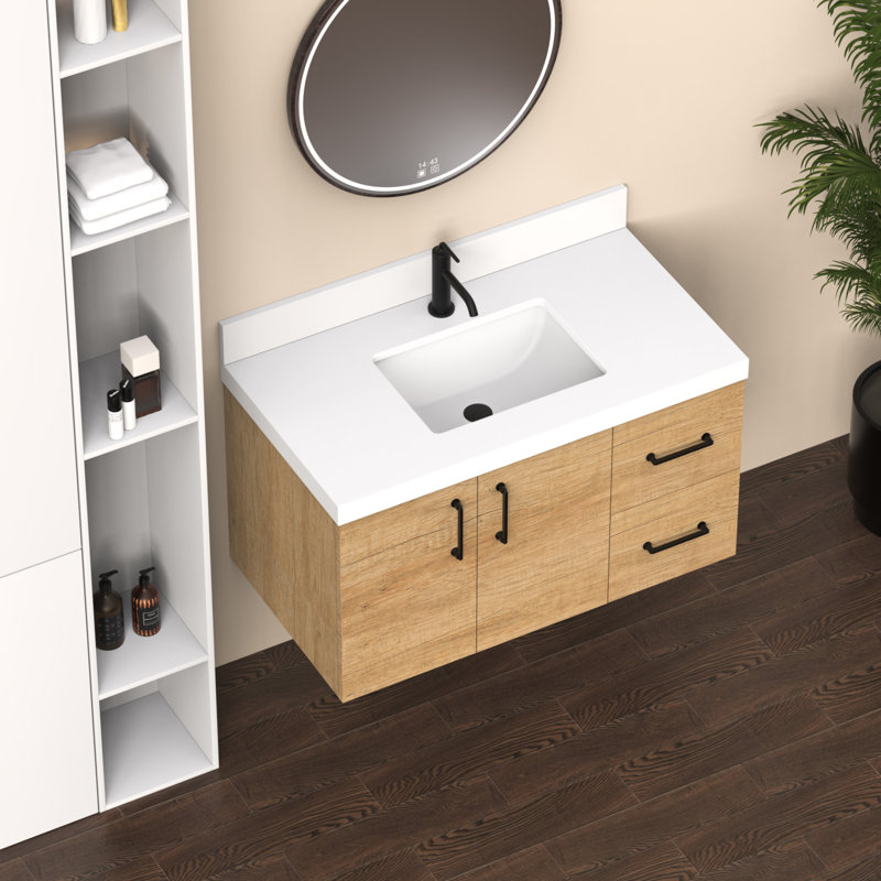 36" Modern White Quartz Stone Rectangular Bathroom Vanity Top With Sink