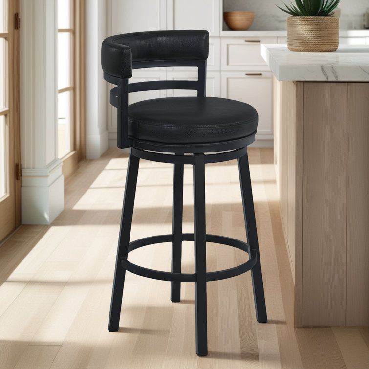 Deherrera Modern Swivel Counter or Bar Stool with Open Low Back and Footrest in Metal and Faux Leather