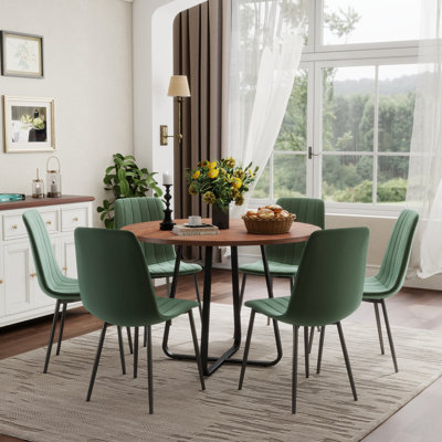 Ensemble de table de salle à manger de 43,3 po pour 4 à 6 personnes, plateau en panneau de fibres à densité moyenne, base en métal en forme de X, chaises à rayures verticales en velours, ensemble de salle à manger de cuisine moderne, assemblage facile
