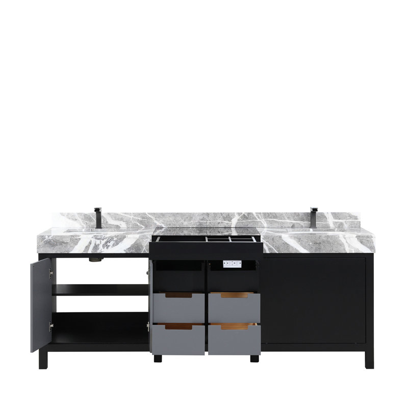 Ensemble de meuble-lavabo double avec plateau en marbre gris château et robinet en métal
