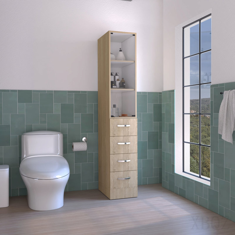 Armoire à linge Vanguard, trois tablettes, quatre tiroirs - pin clair / blanc