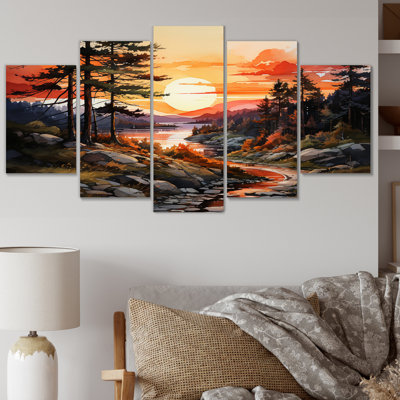  «Pine Tree Golden Glow - Impression sur toile de pin - 5 panneaux