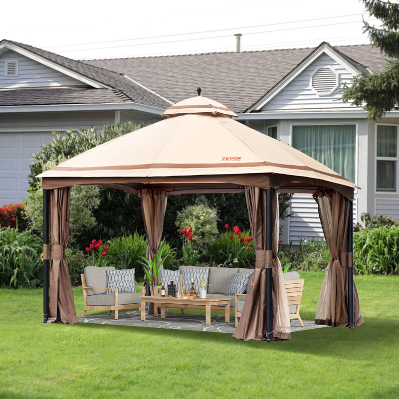 Large Waterproof Beige Steel Patio Gazebo with Mosquito Netting