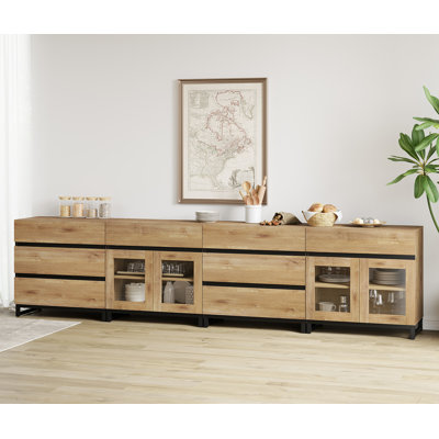 4 In 1 Multifunctional Sideboard Buffet Cabinets With Glass Doors And 8 Drawers, Modern Sideboard Credenza With Adjustable Shelf And Metal Base, Coffe by Latitude Run